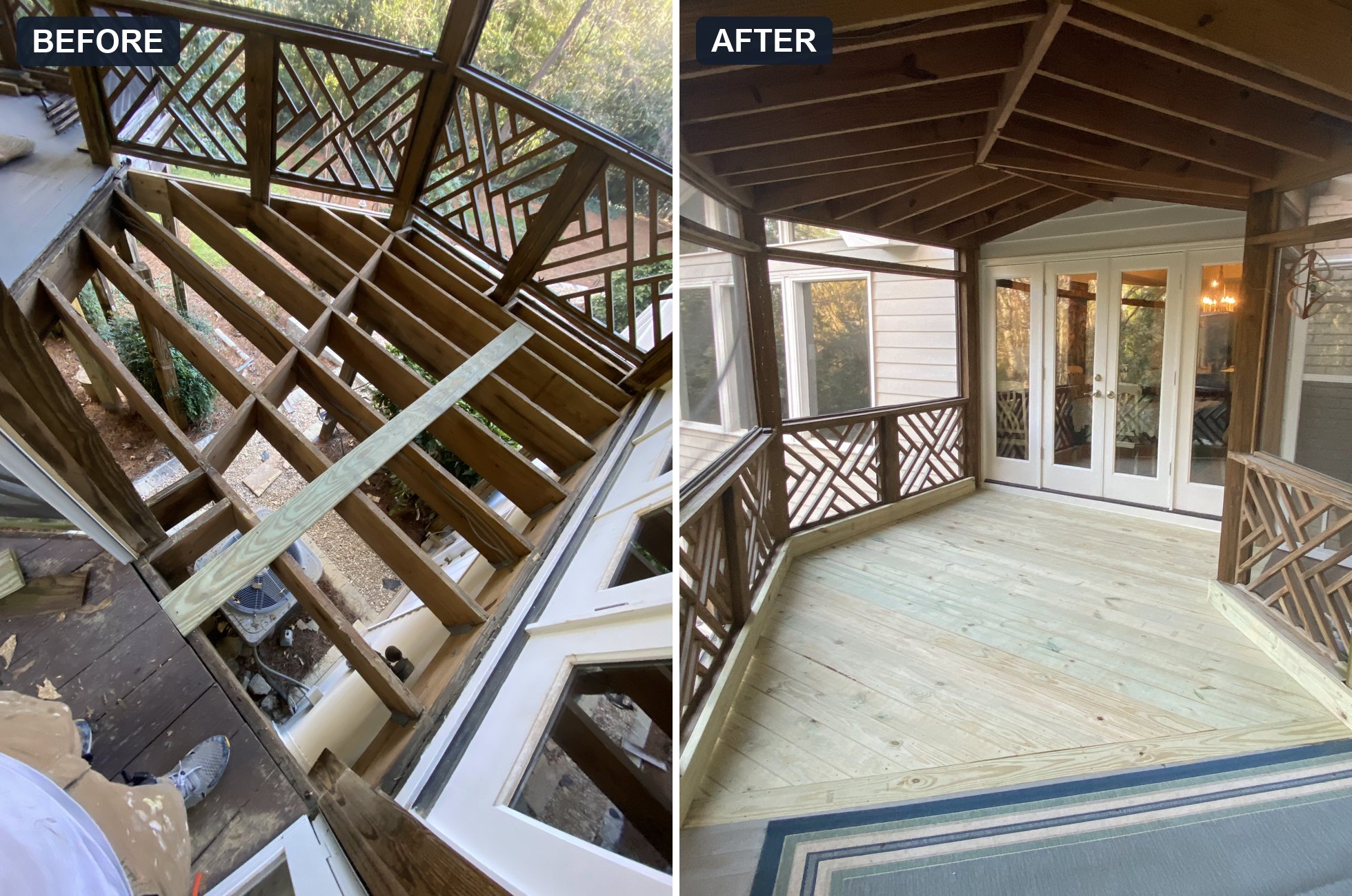 Screened porch deck shown torn down to the joists, then rebuilt with a new floor