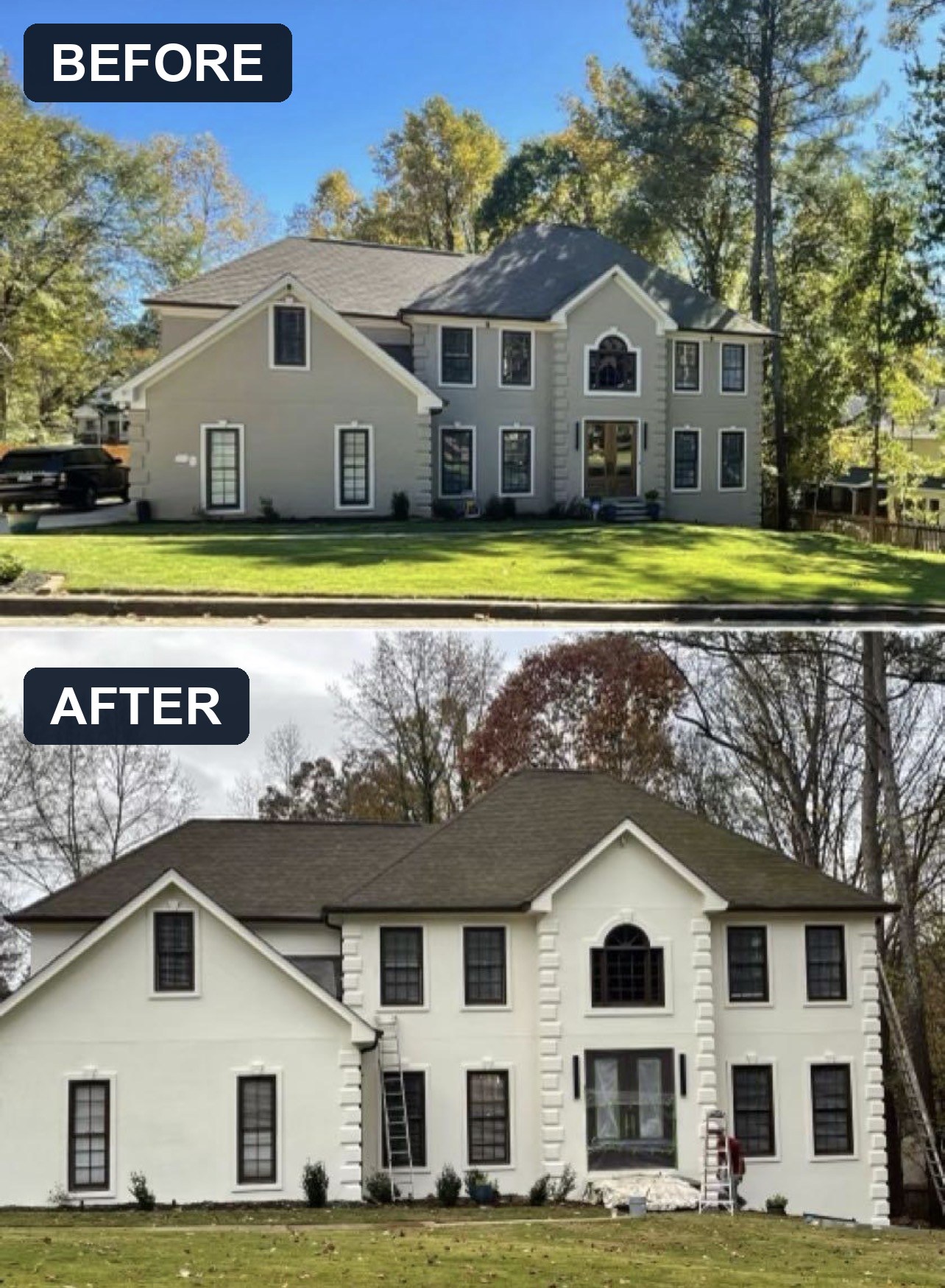 Two-story home shown before in beige and after painted white, labeled before and after