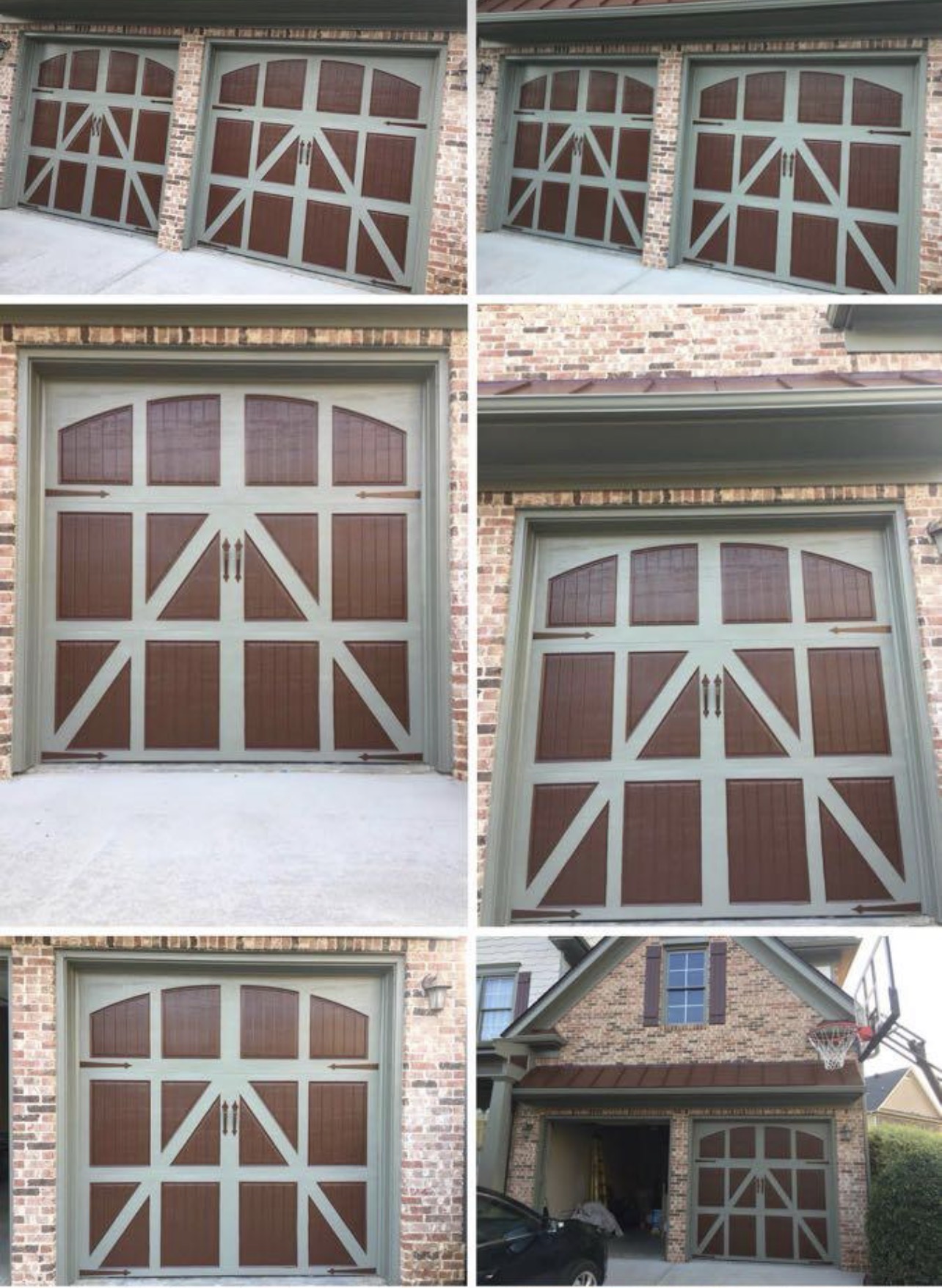 Carriage-style garage doors with sage trim and wood-tone panels